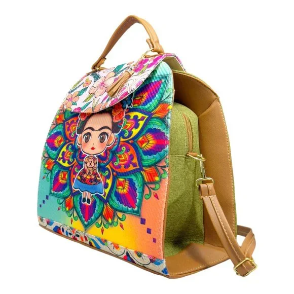 Artisan Made Frida Kahlo Canvas Faux Leather Tote Backpack From Coyoacan Mexico - Picture 11 of 14